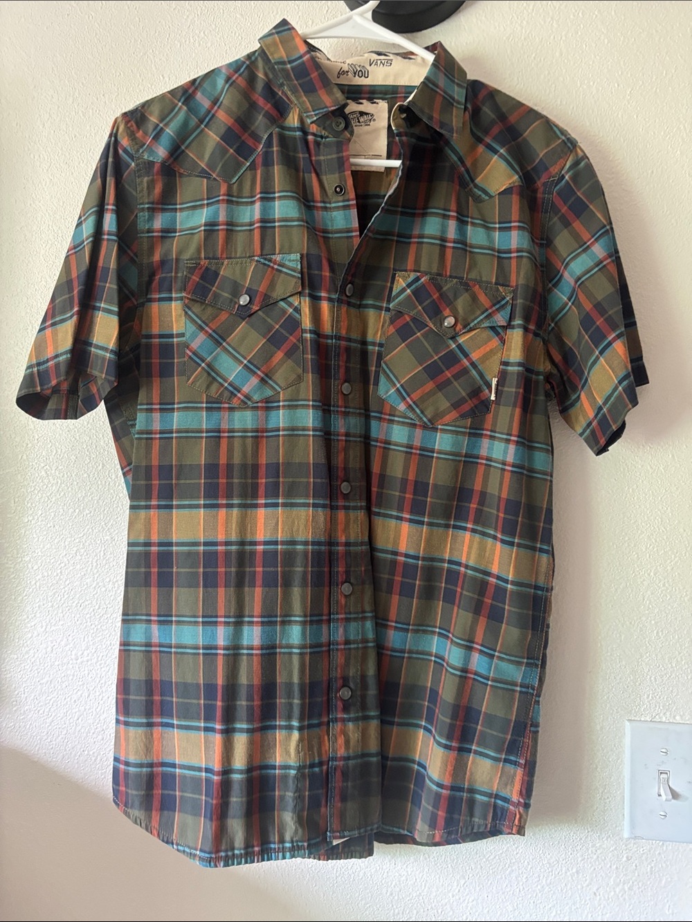 Vans Men's Short Sleeve Plaid Button-Up Shirt - Green/Tan/Blue